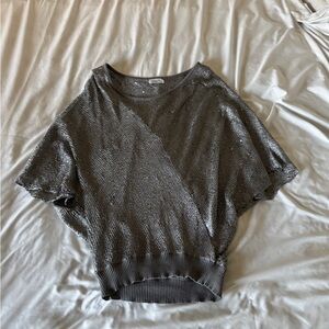 Charming Charlie Sequin Knit Top XL Silver Metallic Poncho Batwing Distressed